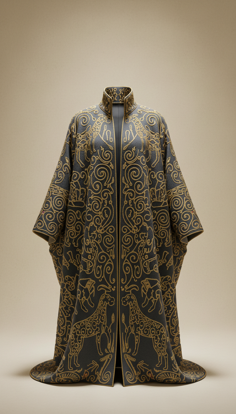 Oversized coat with gold embroidery